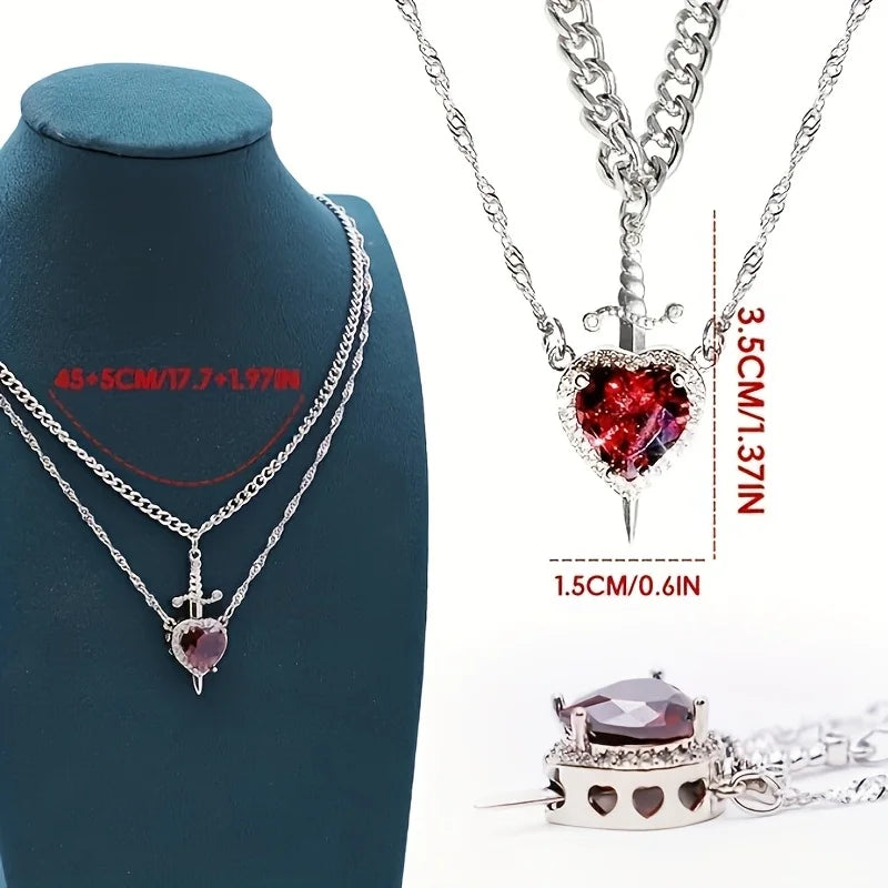 Dark Romantic Heart Pendant Necklace with Layered Chain Alternative Statement Design
