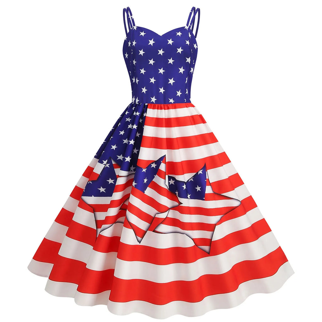 American Flag Print Retro A-Line Swing Dress with Sweetheart Neckline