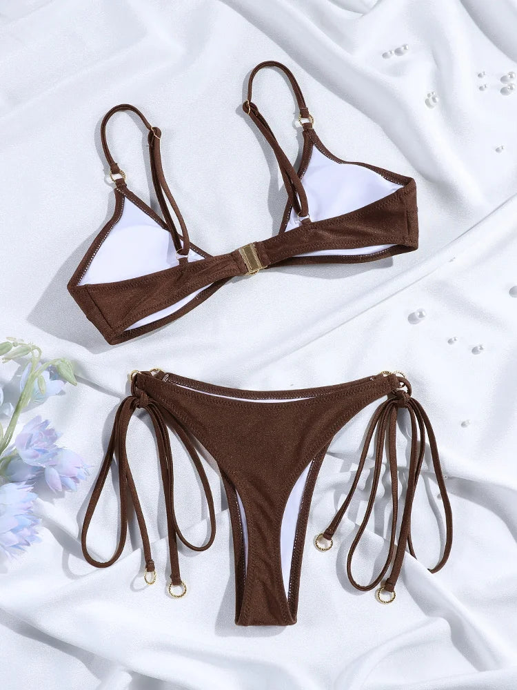 Chocolate Brown Triangle Bikini Set with Multi-String Details and Gold-Tone Rings