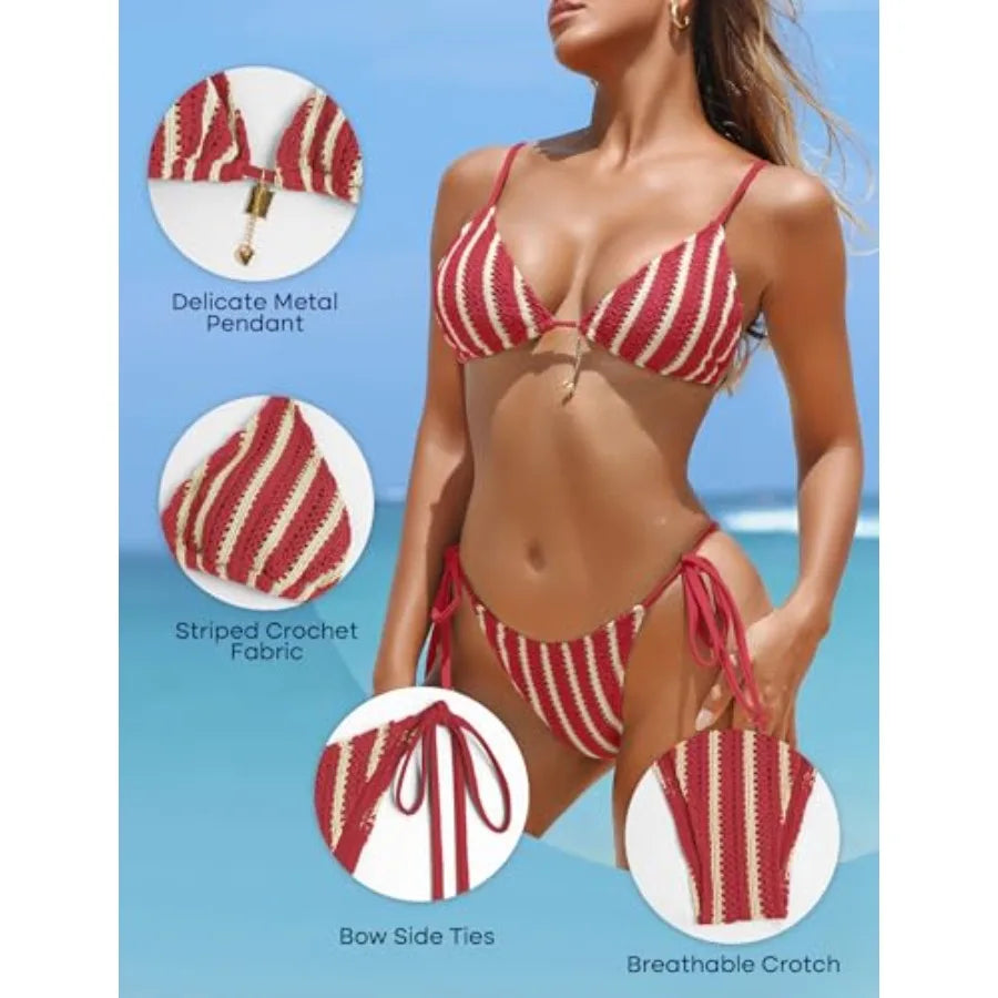 Women's Red and White Crochet-Style Striped Bikini Set with Triangle Top, Tie-Side Bottom and High-Cut Brazilian-Inspired Silhouette