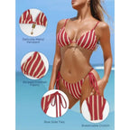 Women's Red and White Crochet-Style Striped Bikini Set with Triangle Top, Tie-Side Bottom and High-Cut Brazilian-Inspired Silhouette