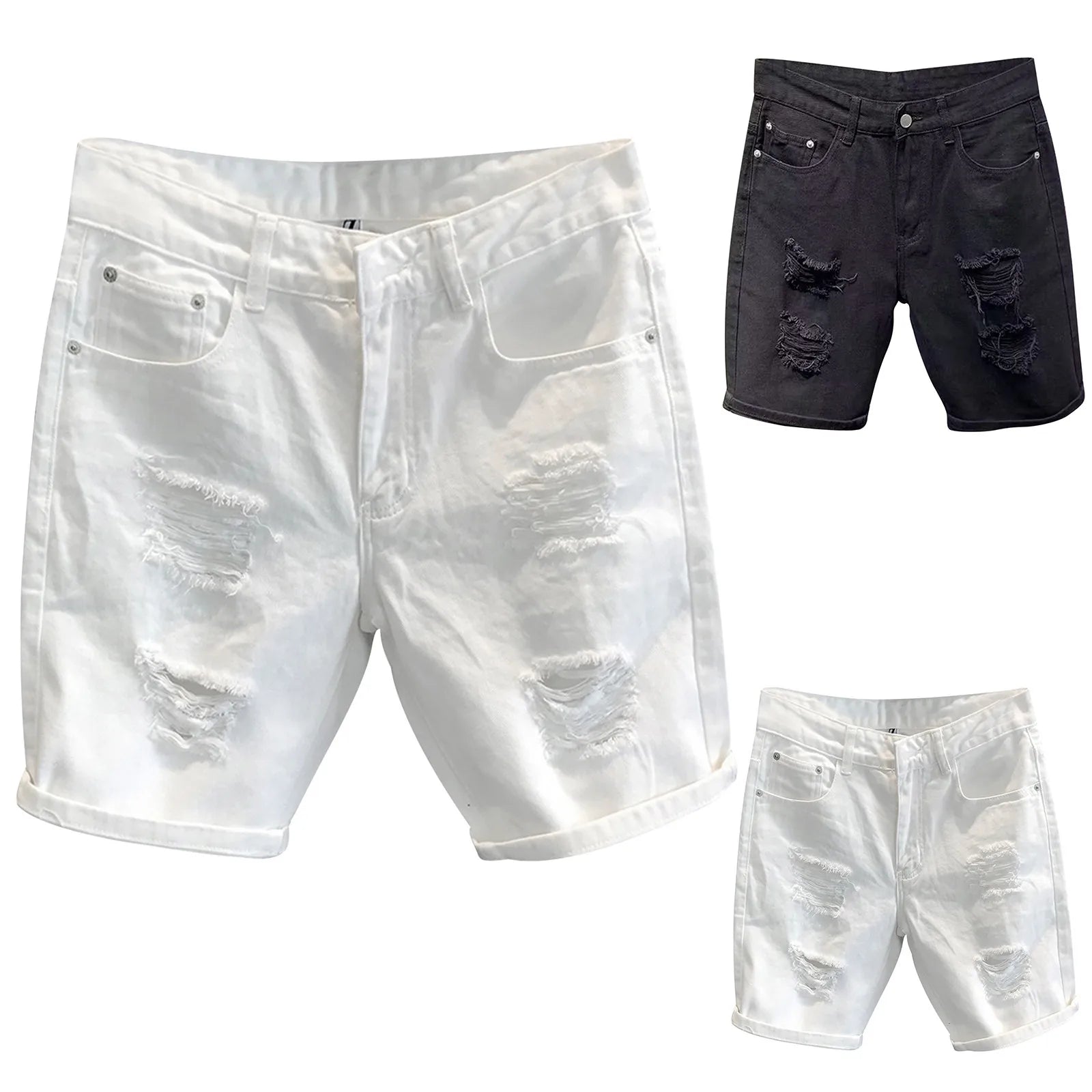 Men's Distressed Denim Style Shorts with Straight Fit and Casual Everyday Streetwear Design