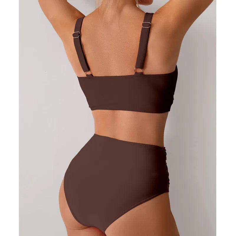 Chocolate Brown Crossover Bralette Swim Set with High-Waisted Bottoms