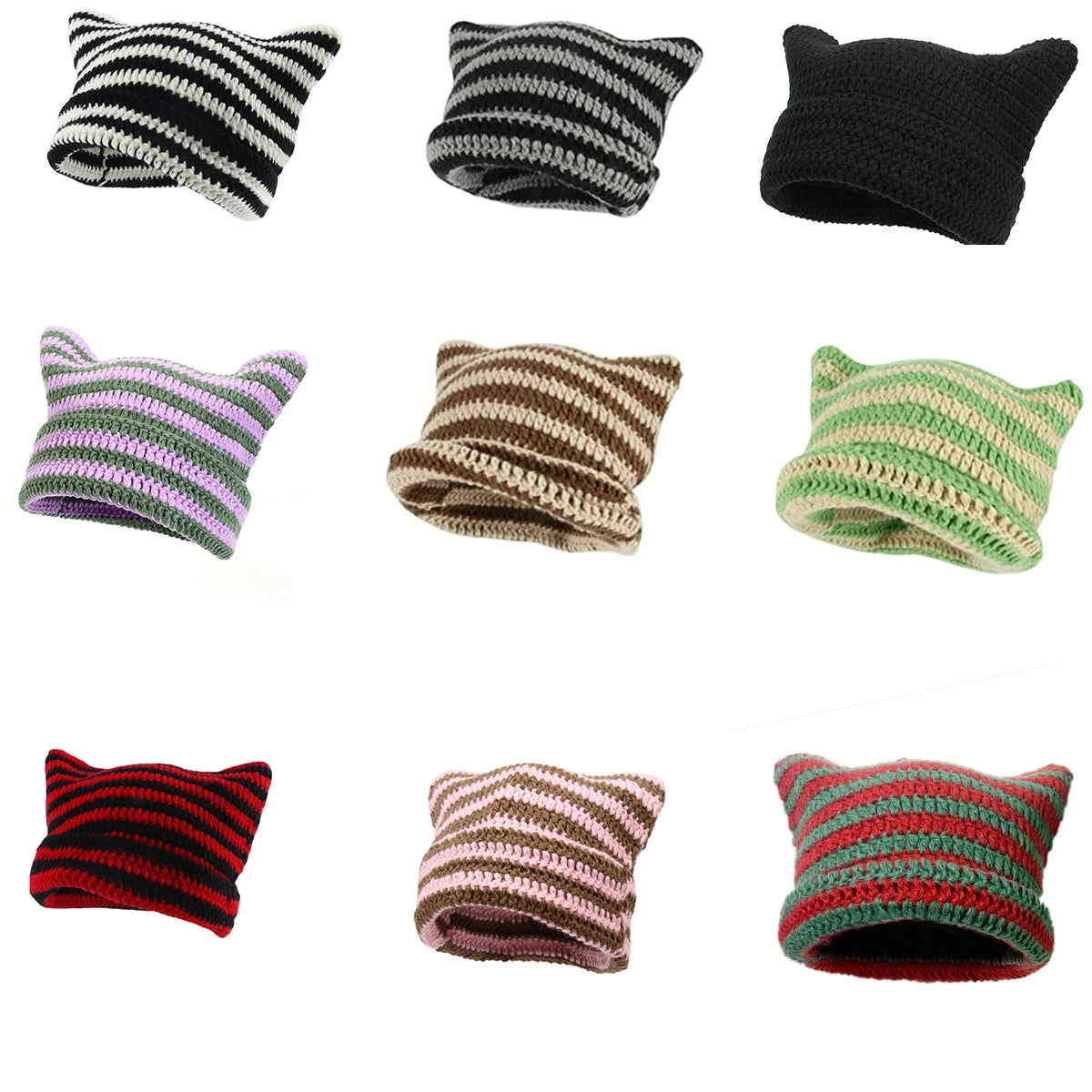 Striped Cat Ear Knit Beanie with Cotton Blend Construction for Playful Streetwear Winter Fashion