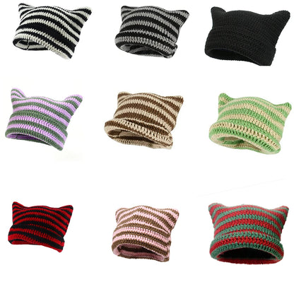 Striped Cat Ear Knit Beanie with Cotton Blend Construction for Playful Streetwear Winter Fashion