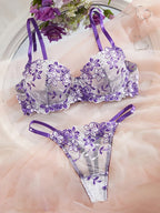 Purple Floral Blossom Embroidered Sheer Underwire Lingerie Set