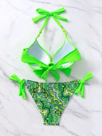 Neon Green Underwire Halter Bikini with Printed Side-Tie Bottom