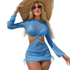 Three-Piece Crisp White String Bikini Set with Sheer Mesh Long-Sleeve Cover-Up
