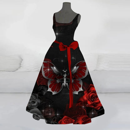 Vintage Inspired Graphic Print Flared Dress With Alternative Gothic Tea Party Aesthetic