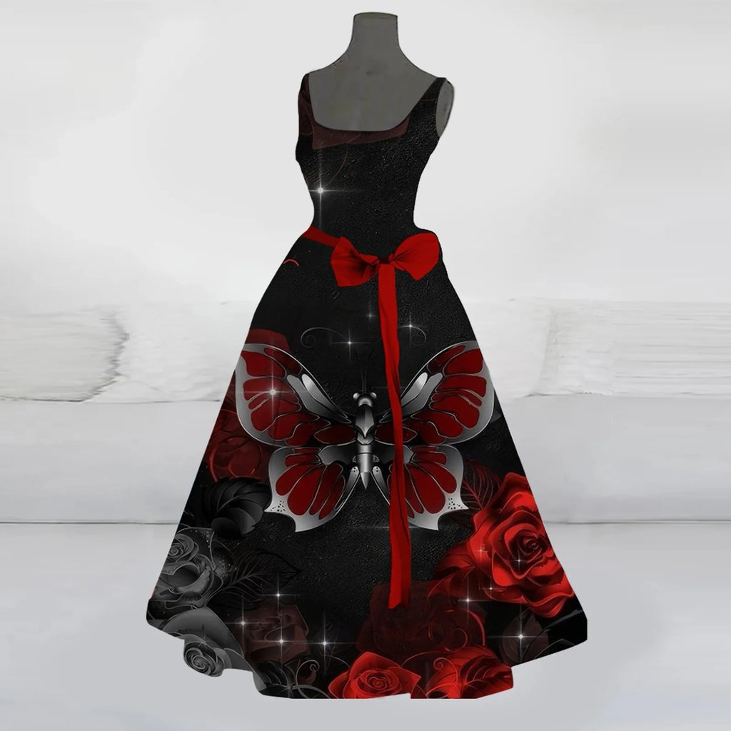 Halloween Skeleton Ribcage Print Flared Swing Dress with Waist Bow