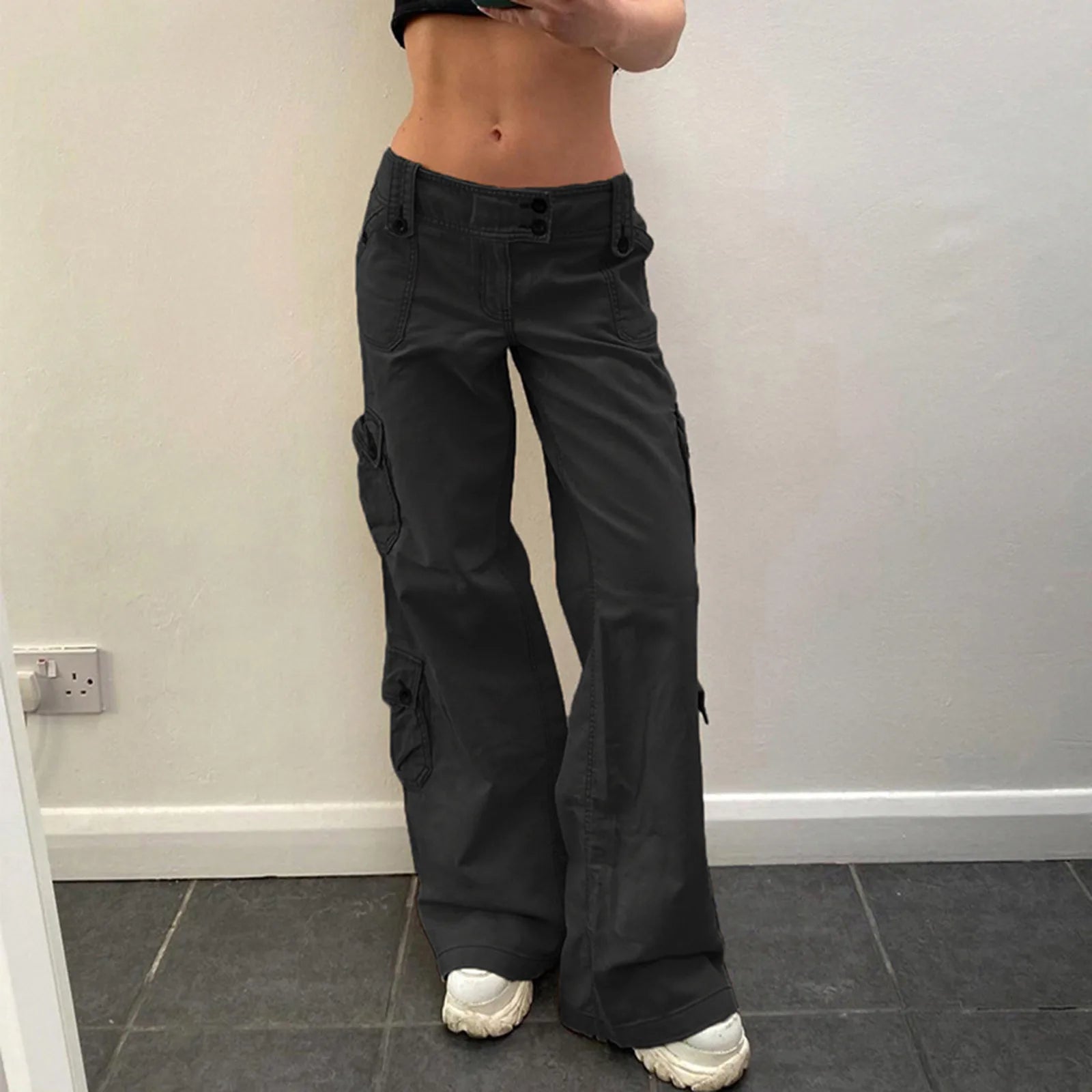 Women's Wide Leg Cargo Denim Jeans with Drawstring Waist and Relaxed Streetwear Fit