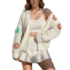 Women's Floral Knit Button Front Cardigan with Relaxed Cropped Layering Silhouette