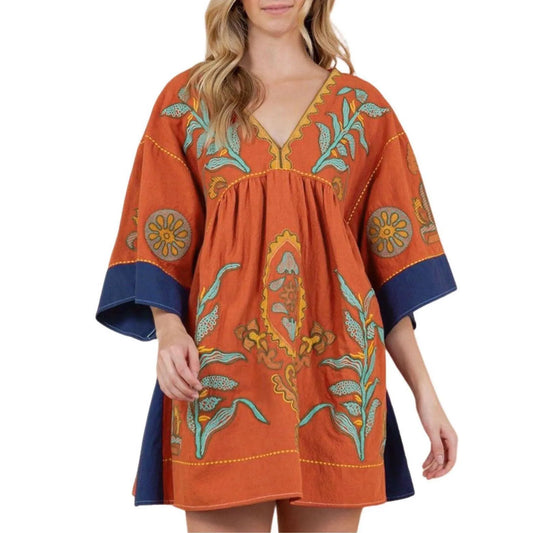 Embroidered Inspired Mini Dress with Relaxed Fit and V Neckline