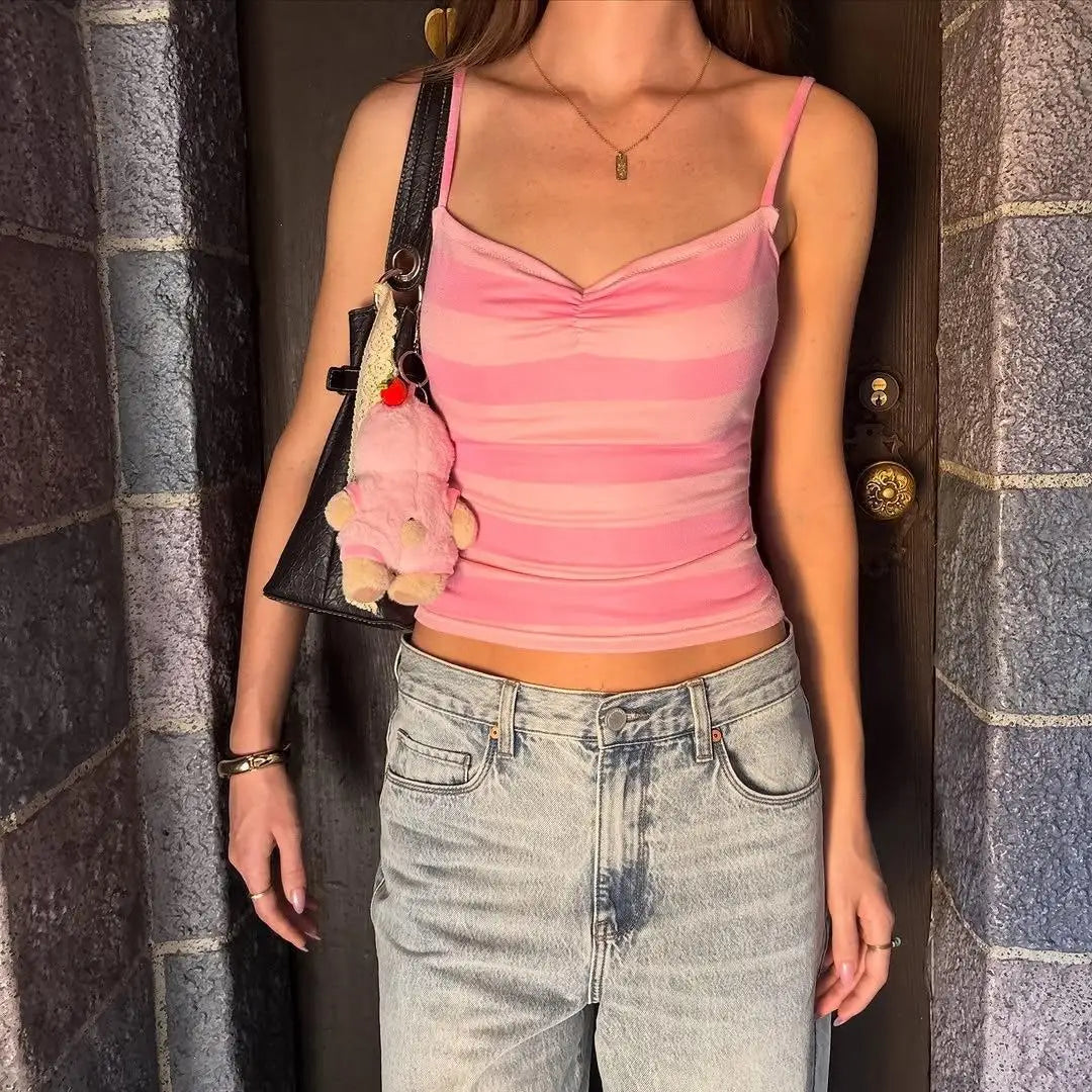 Striped Spaghetti Strap Tank Top with Slim Fit Knit Everyday Streetwear Camisole Design