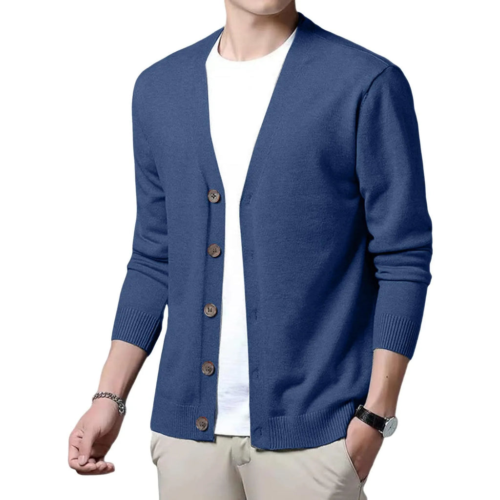 Men's V Neck Button Front Cardigan with Lightweight Ribbed Knit Construction