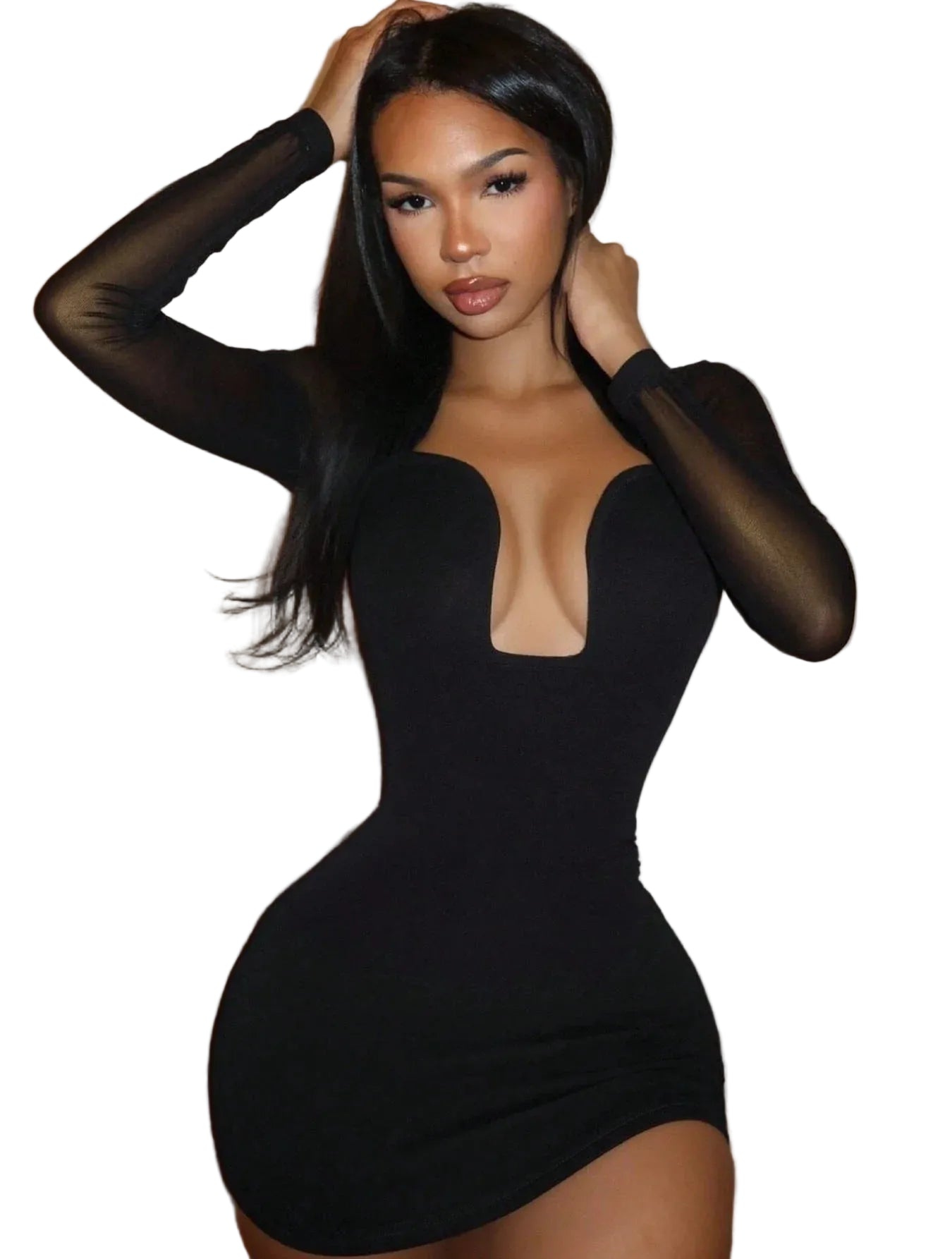 Mesh Sleeve Bodycon Mini Dress with Plunge Neckline Contemporary Party Style