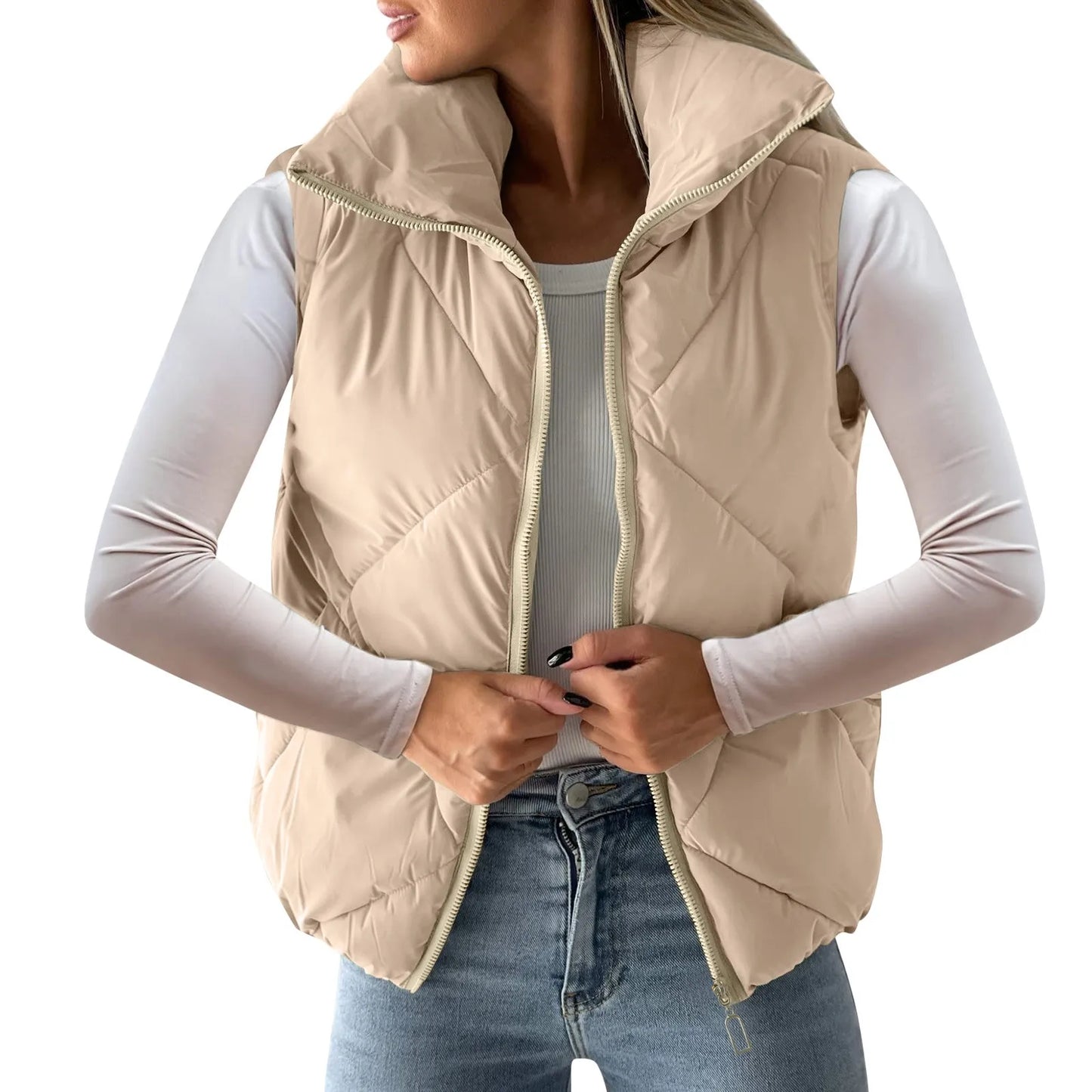 Women's Quilted Sleeveless Puffer Vest Relaxed Lightweight Streetwear Layering Waistcoat
