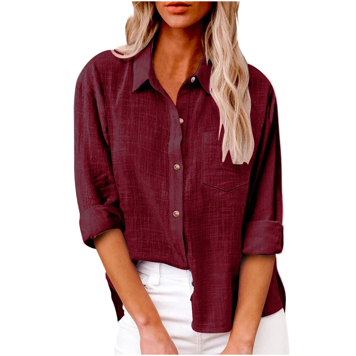 Relaxed Linen-Textured Button-Down Shirt with Roll-Tab Sleeves and Chest Pocket