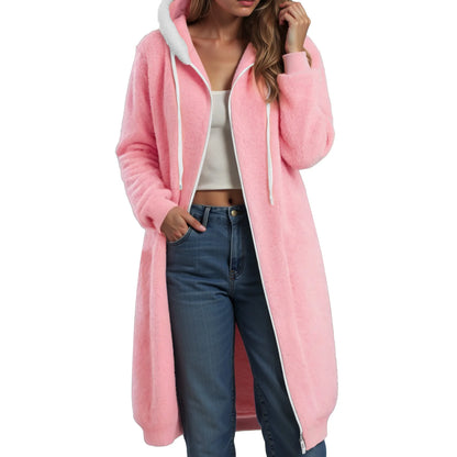 Longline Plush Fleece Hooded Jacket with Relaxed Streetwear Layering Fit