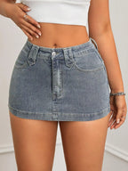Washed Denim Bodycon Mini Skirt with Front Pockets and Slim Fit