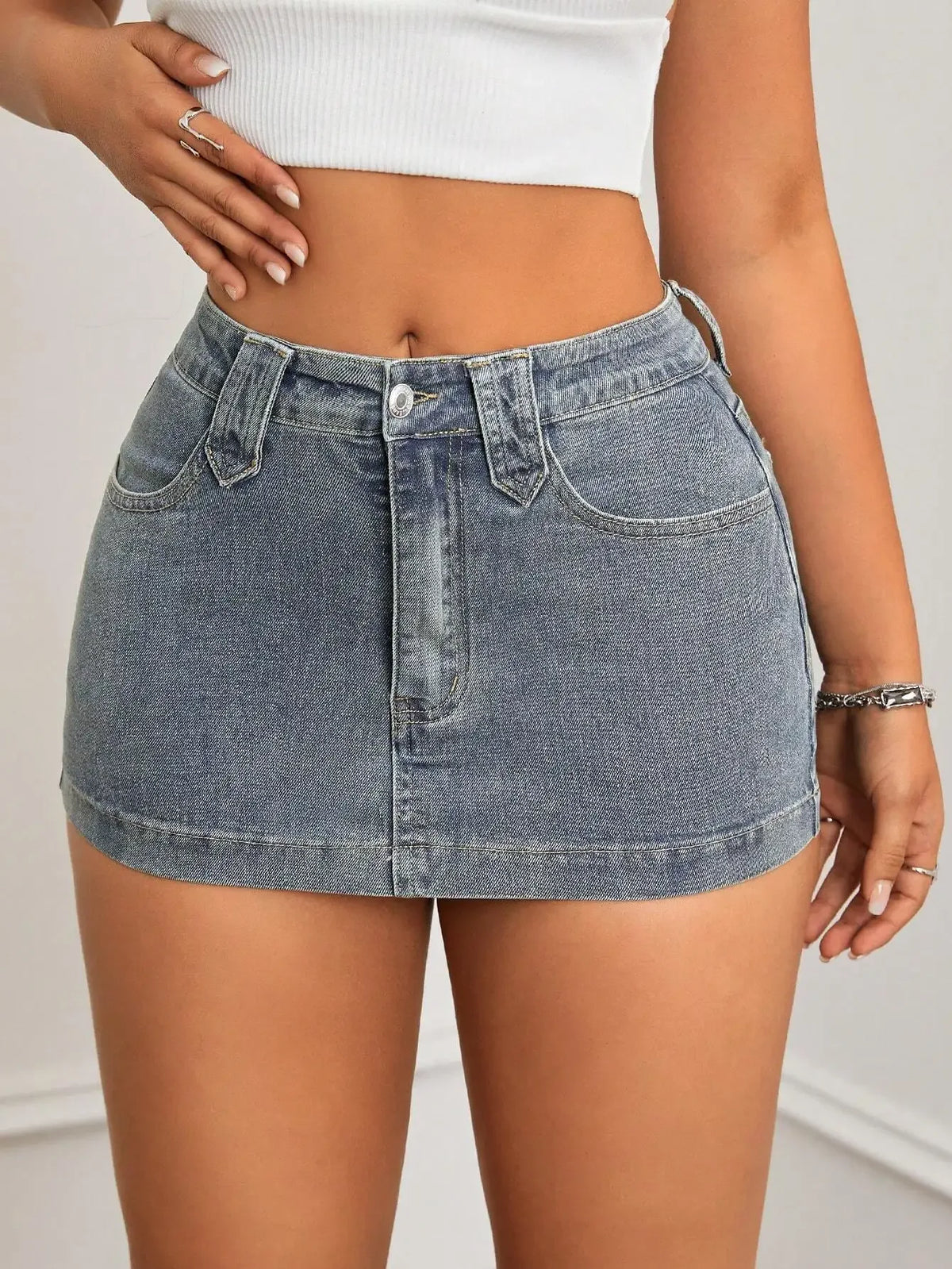 Washed Denim Bodycon Mini Skirt with Front Pockets and Slim Fit