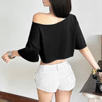 Women's Asymmetric Off Shoulder Graphic Crop T-Shirt for Contemporary Streetwear Casual Fashion Style