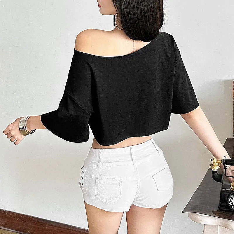 Women's Asymmetric Off Shoulder Graphic Crop T-Shirt for Contemporary Streetwear Casual Fashion Style