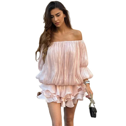 Off Shoulder Pleated Mini Dress with Ruched Layered Statement Silhouette