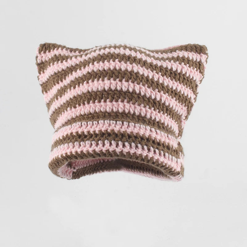 Striped Cat Ear Knit Beanie with Cotton Acrylic Blend for Playful Streetwear Fashion Style