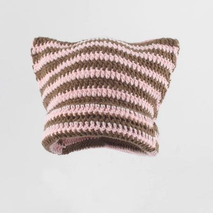 Striped Cat Ear Knit Beanie with Cotton Acrylic Blend for Playful Streetwear Fashion Style