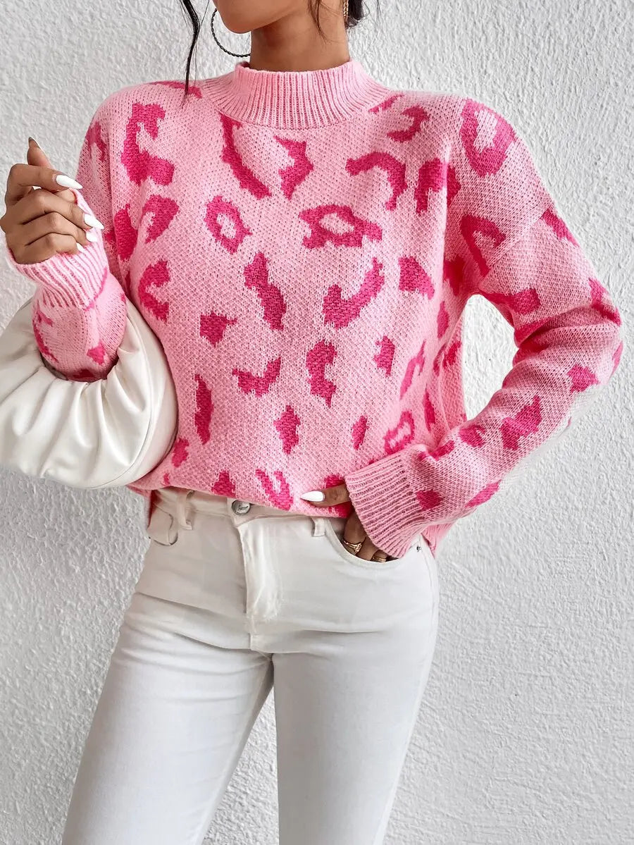Women's Leopard Pattern Drop Shoulder Relaxed Knit Pullover Streetwear Sweater