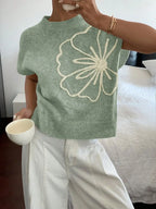 Women's Floral Crew Neck Knit Sweater with Relaxed Summer Short Sleeves