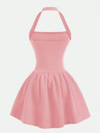 Halter Neck A-Line Mini Dress with Gathered Waist and Flared Hem