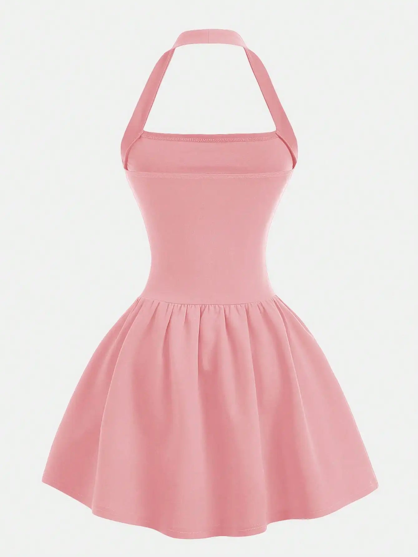 Halter Neck A-Line Mini Dress with Gathered Waist and Flared Hem