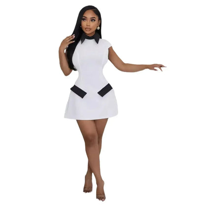 Color Block Collared Mini Dress with Tailored Straight Fit and Pocket Detail