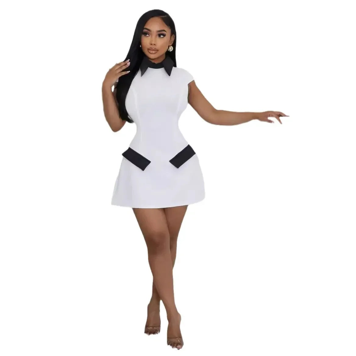 High-Contrast Mod Mini Dress with Pointed Collar and Faux Pocket Details