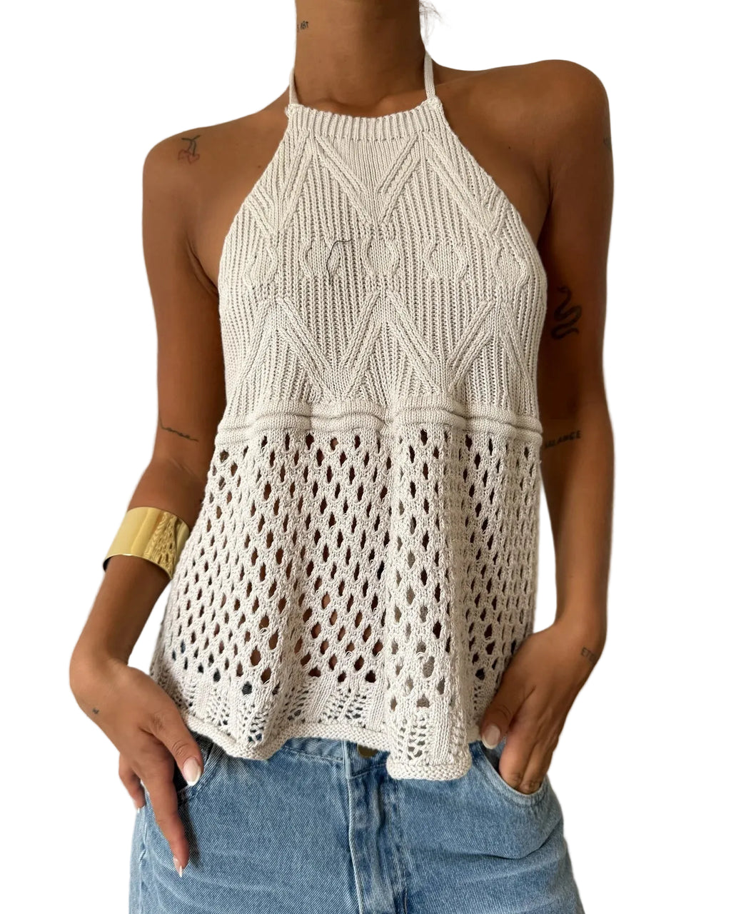 Crochet Halter Tank Top with Flare Hem Boho Summer Everyday Style