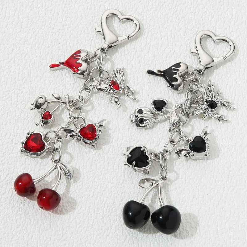 Neo Gothic Charm Keychain with Heart Cherry and Butterfly Accents