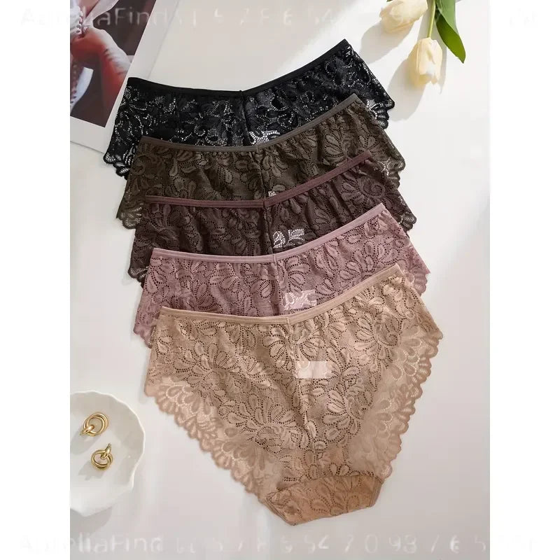 5-Piece Women’s Lace Mid-Rise Briefs Set with Openwork Detailing, Soft Stretch Silhouette and Assorted Feminine Colors