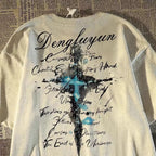 Oversized Cross Graphic Cotton T-Shirt with Vintage Script Streetwear Design