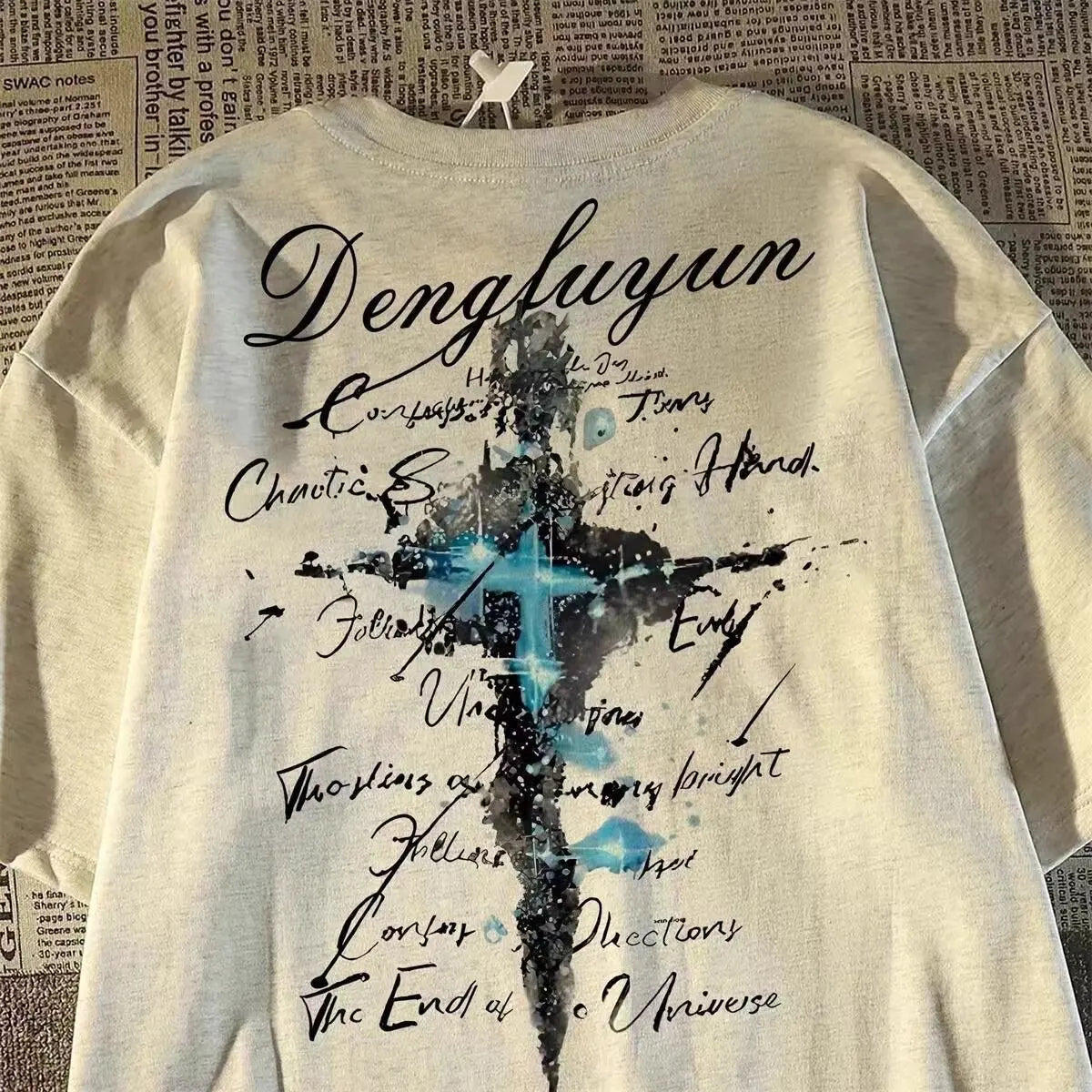Oversized Cross Graphic Cotton T-Shirt with Vintage Script Streetwear Design