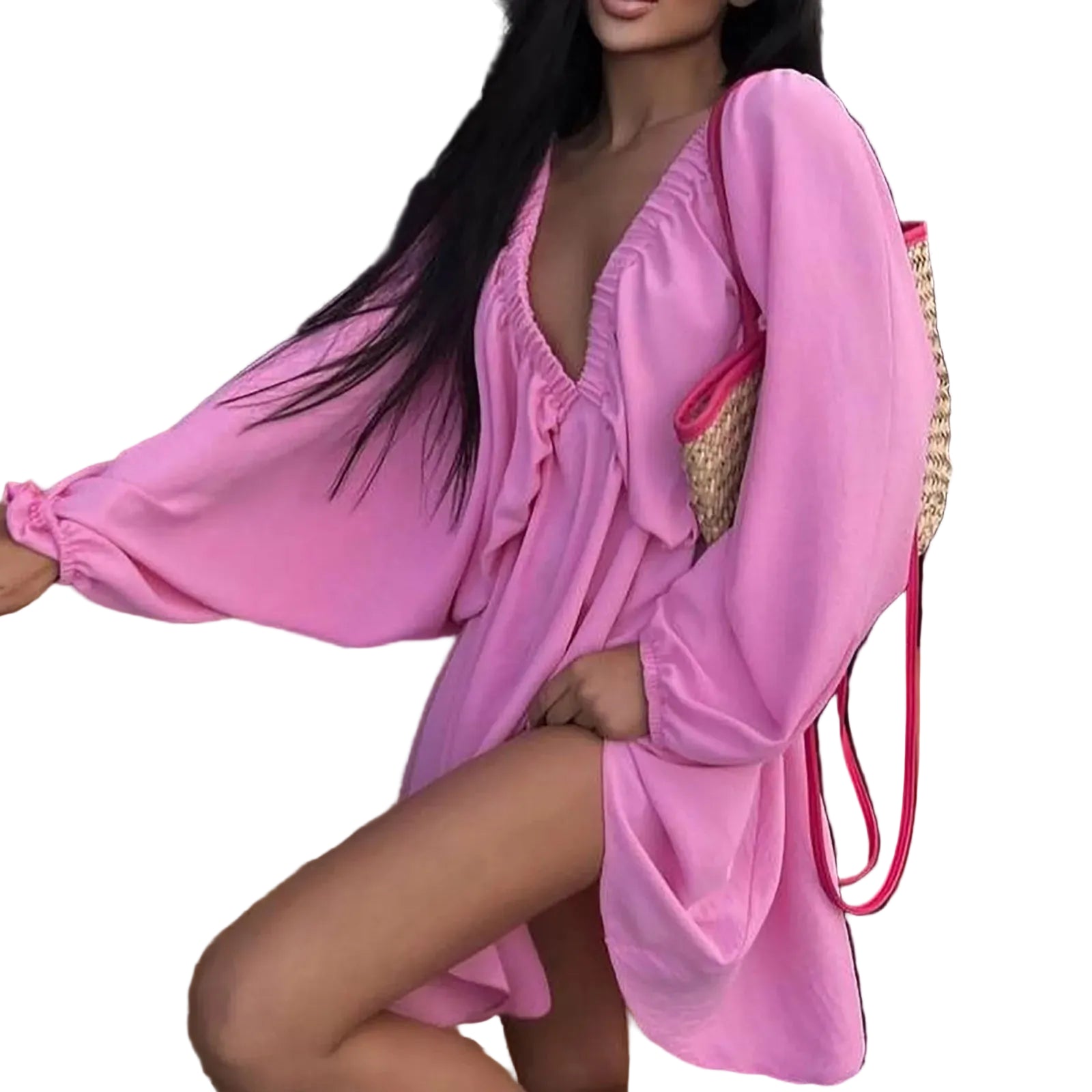Deep V Neck Pleated Maxi Dress with Flowing Long Sleeves