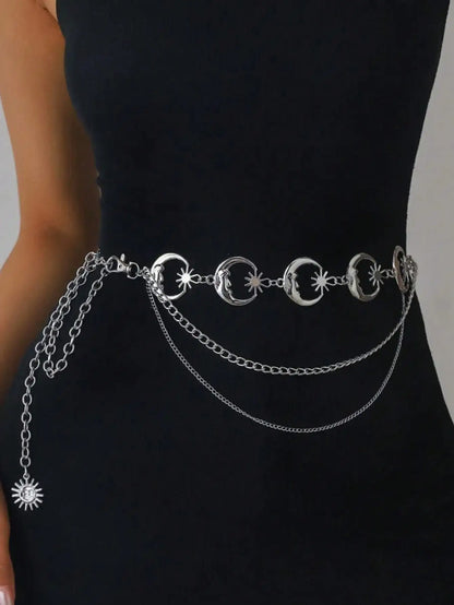 Layered Moon Charm Waist Chain for Gothic and Celestial Fashion Styling