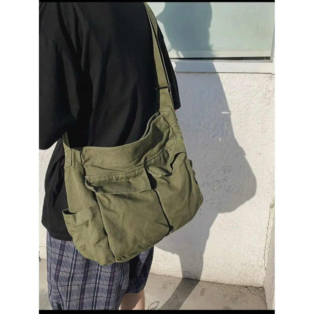 Utility Canvas Messenger Tote Bag with Oversized Crossbody Carry Design