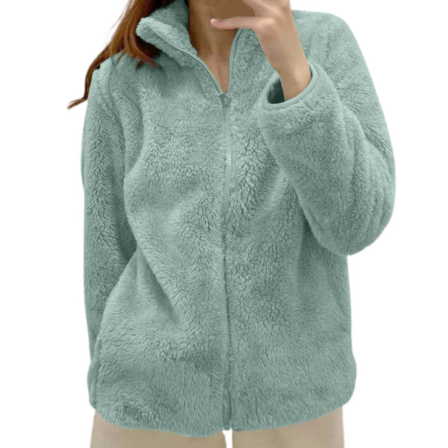 Women's Plush Polar Fleece Zip Jacket with Relaxed Streetwear Layering Fit