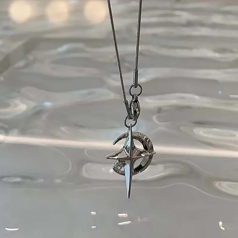 Celestial Crescent Moon and Star Pendant Necklace for Alternative Fashion