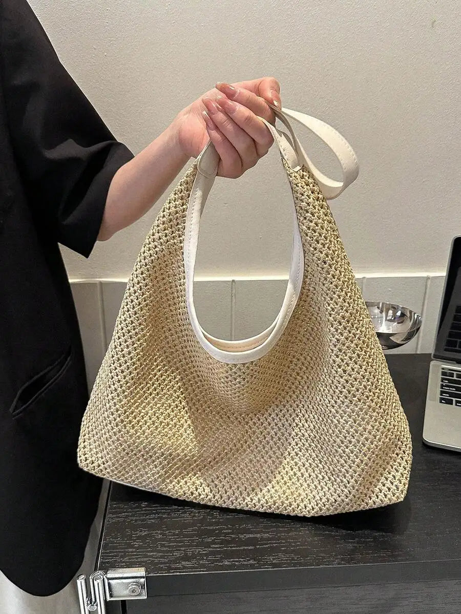 Woven Straw Hobo Shoulder Bag with Relaxed Large Capacity Design