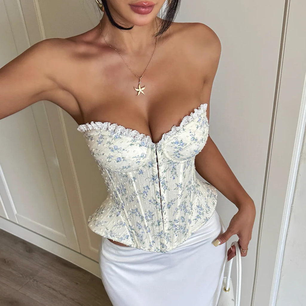 Delicate Blue and White Floral Strapless Corset with Scalloped Lace Trim