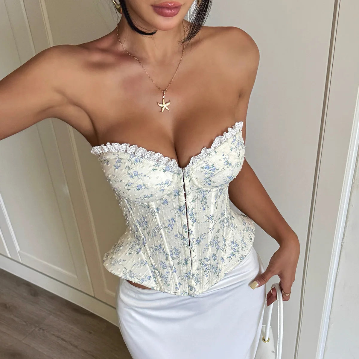 Delicate Blue and White Floral Strapless Corset with Scalloped Lace Trim