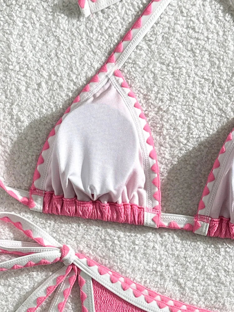 Light Blue Textured Triangle String Bikini with Delicate Ruffled Trim